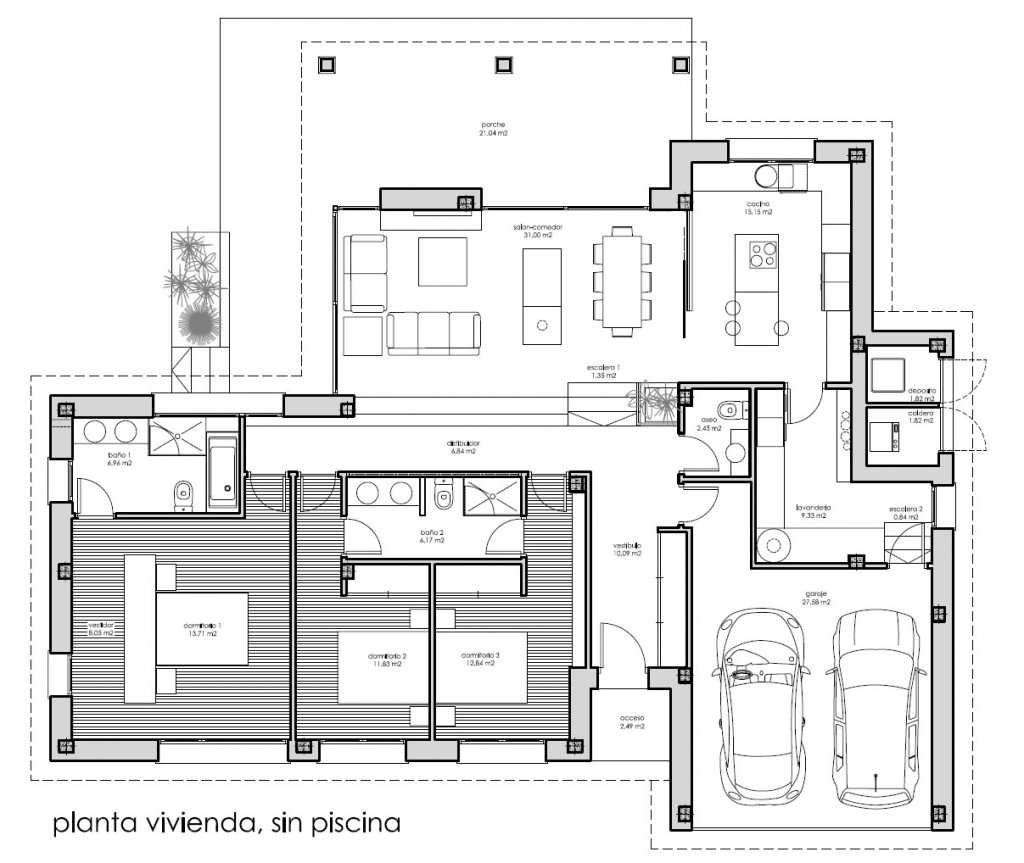 Planta vivienda, construcción inicial, sin piscina