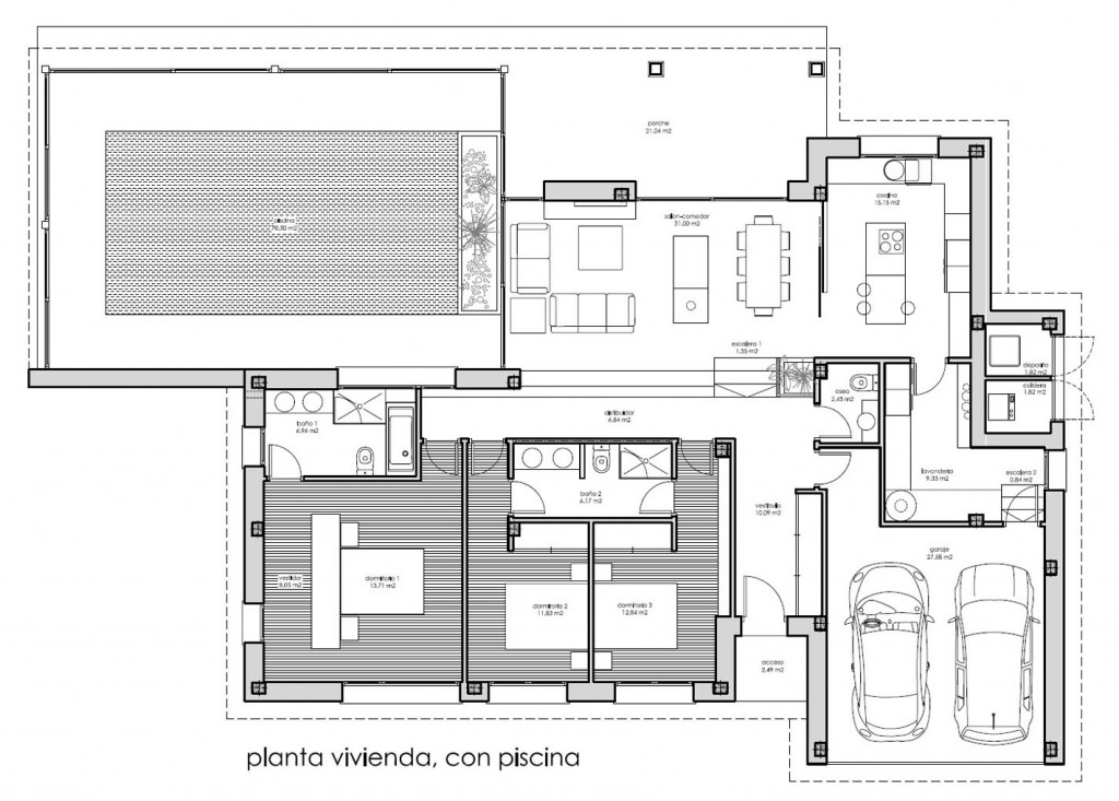 Planta vivienda, construción final,con piscina