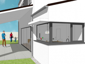 Vista exterior del porche y la cocina