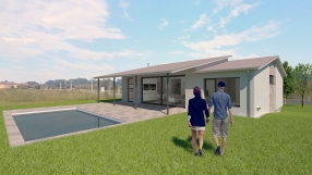 Vivienda en Xarío, Miño. Vista exterior zona porche-piscina