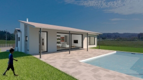 Vivienda en Xarío, Miño. Vista exterior zona porche-piscina