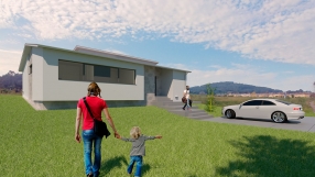 Vivienda en Xarío, Miño. Vista exterior zona acceso, alzado Este