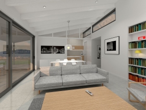 Vivienda en Xarío, Miño. Vista interior estar-comedor