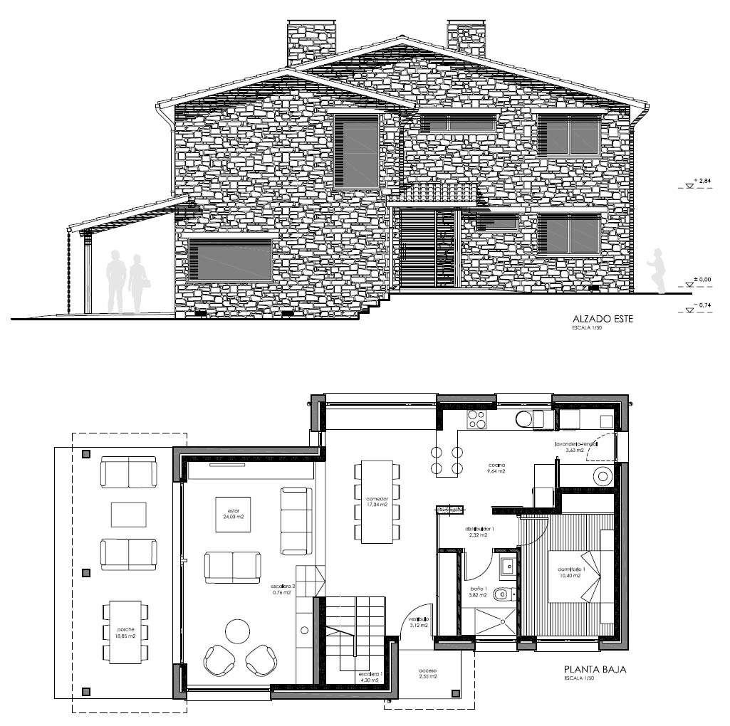 Planta y alzado vivienda en Cabanas